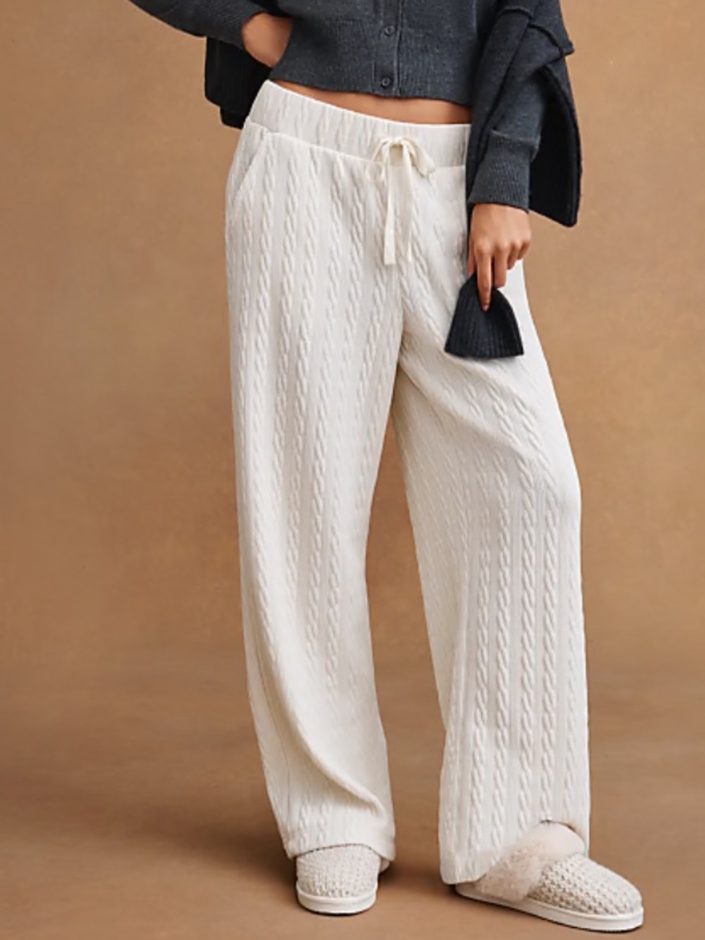 LOFT Lou & Gray White Cable Chenille Wide Leg Pants, Size L, NWT